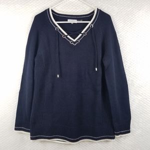 Calvin Klein Lace Up V-Neck Blue Pullover Sweater  Size Large